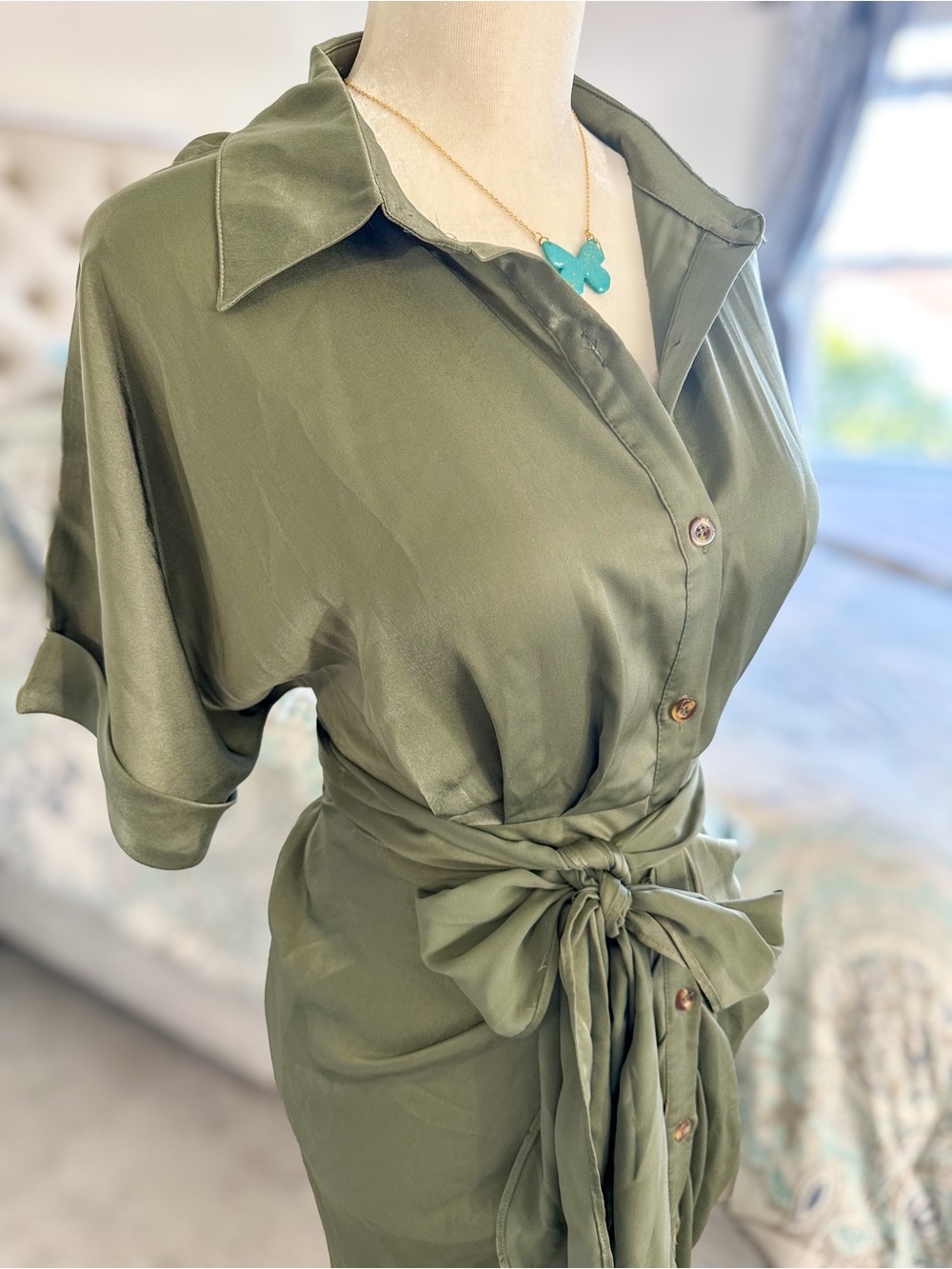 NEW Women Elegant Satin Button Down Short Sleeve Maxi Shirt Dress with Belt - Picture 2 of 11